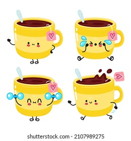 Funny lindo y feliz juego de manojos de personajes de la taza de té. Diseño de iconos de ilustración de caricaturas con estilo de doodle dibujado a mano por vectores. Colección de personajes de la mascota de la taza de té amarillo lindo