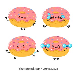 Funny cute happy Donut characters bundle set. Vector hand drawn doodle style cartoon character illustration icon design. Cute Donut mascot character collection