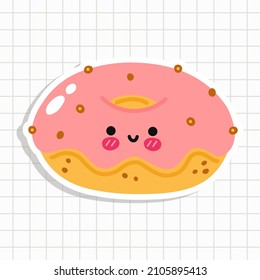 Funny cute happy donut characters. Vector kawaii line cartoon style illustration. Cute happy donut sticker in a notebook