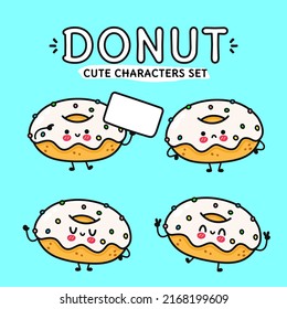 Funny cute happy donut characters bundle set. Vector hand drawn doodle style cartoon character illustration icon design. Isolated on blue background. Cute donut mascot character collection