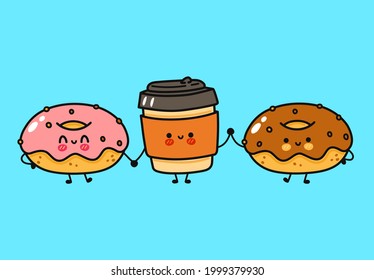 Funny cute happy donut, cofee and chocolate donut characters bundle set. Vector kawaii line cartoon style illustration. Cute donut, cofee and chocolate donut character collection
