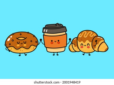 Funny cute happy donut, cofee and chocolate croissant characters bundle set. Vector hand drawn doodle style cartoon character illustration icon design. Donut, cofee and croissant friends concept