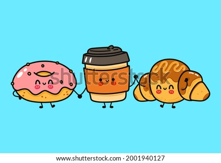 Funny cute happy donut, cofee and chocolate croissant characters bundle set. Vector hand drawn doodle style cartoon character illustration icon design. Donut, cofee and croissant friends concept 