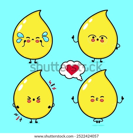 Funny cute happy Drop of urine characters bundle set. Vector hand drawn doodle style cartoon character illustration. Isolated on blue background Drop of urine mascot character collection