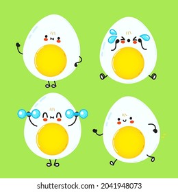 Funny cute happy egg characters bundle set. Vector hand drawn doodle style cartoon character illustration icon design. Cute egg mascot character collection