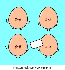 Funny cute happy egg characters bundle set. Vector hand drawn doodle style cartoon character illustration icon design. Cute egg mascot character collection