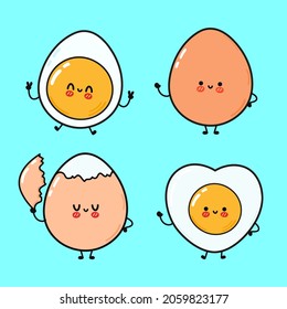 Funny cute happy egg characters bundle set. Vector hand drawn doodle style cartoon character illustration icon design. Cute egg mascot character collection