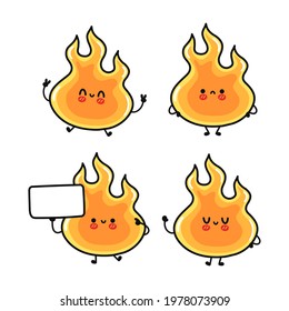 Funny cute happy fire characters bundle set. Vector kawaii line cartoon style illustration. Cute fire mascot character collection