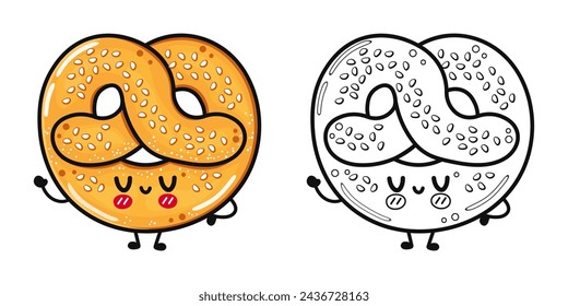 Funny cute happy French pretzel characters bundle set. Vector hand drawn cartoon kawaii character illustration icon. Cute French pretzel. Outline cartoon illustration for coloring book