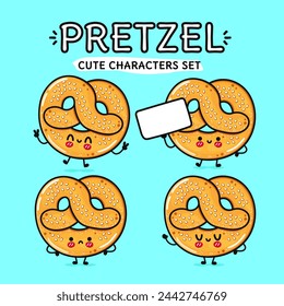 Lustige süße fröhliche französische Brezel Charaktere Bundle Set. Vektor Hand gezeichnete Doodle Stil Cartoon Figur Illustration Icon Design. Isolierter blauer Hintergrund. Nette französische Brezel Maskottchen Charakter