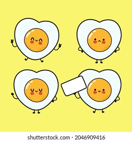Funny cute happy fried eggs characters bundle set. Vector hand drawn doodle style cartoon character illustration icon design. Cute fried eggs mascot character collection