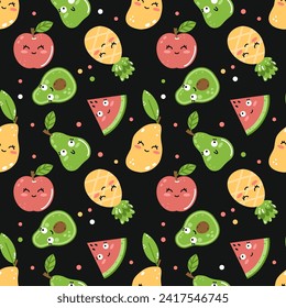 Funny cute happy fruits with smile on their face. Endless seamless pattern for printing on fabric and wrapping paper. Wallpaper for baby room.