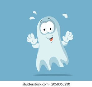 Funny Cute Happy Ghost Character Vector Cartoon Illustration. Phantom character celebrating Halloween holiday in October
