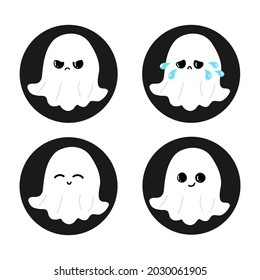 Funny cute happy ghost characters bundle set. Vector kawaii line cartoon style illustration. Cute ghost mascot character collection.Adorable kids,baby,child,cartoon face,sweet cute illustration art