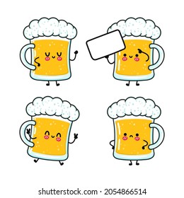Funny cute happy glass of beer characters bundle set. Vector hand drawn doodle style cartoon character illustration icon design. Cute glass of beer mascot character collection