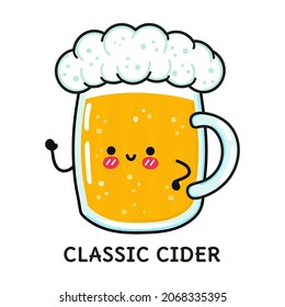 Gracioso vaso feliz de cerveza clásica sidra. Diseño de iconos de ilustración de caricaturas con estilo de doodle dibujado a mano por vectores. Cristal de cerveza clásica mascota de sidra