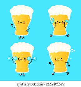 Divertido lindo y feliz vaso de cerveza personajes conjunto de paquetes. Diseño de iconos de ilustración de caricaturas con estilo de doodle dibujado a mano por vectores. Colección de personajes de cervecería con una copa feliz