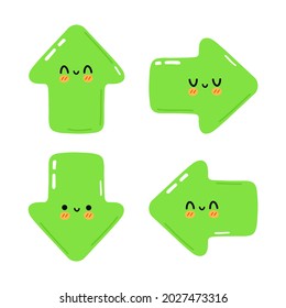 Funny cute happy green arrows characters bundle set. Vector kawaii line cartoon style illustration. Cute green arrows mascot character collection