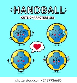 Funny cute happy Handball characters bundle set. Vector hand drawn doodle style cartoon character illustration icon design. Isolated on blue background. Handball ball mascot character collection