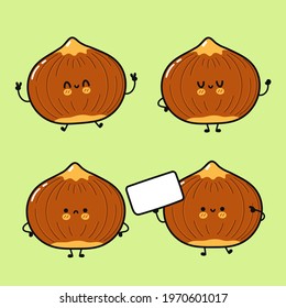 Funny cute happy Hazelnut characters bundle set. Vector kawaii line cartoon style illustration. Cute Hazelnut mascot character collection