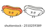 Funny cute happy Hot dog characters bundle set. Vector hand drawn cartoon kawaii character illustration icon. Cute Hot dog. Outline cartoon illustration for coloring book