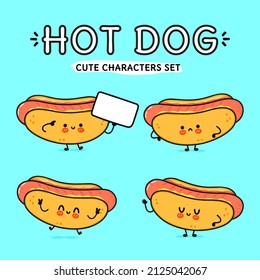 Funny cute happy hot dog characters bundle set. Vector kawaii line cartoon style illustration. Isolated on white background. Cute hot dogs mascot character collection emoji,child,face,adorable,kids
