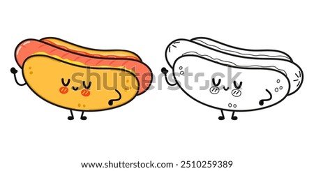 Funny cute happy Hot dog characters bundle set. Vector hand drawn cartoon kawaii character illustration icon. Cute Hot dog. Outline cartoon illustration for coloring book