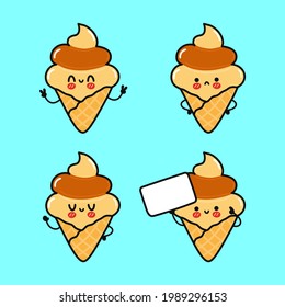 Funny cute happy Ice cream characters bundle set. Vector kawaii line cartoon style illustration. Cute Ice cream mascot character collection