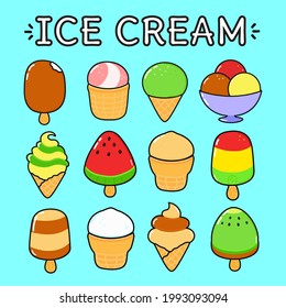 Funny cute happy Ice cream characters bundle set. Vector kawaii line cartoon style illustration. Cute Ice cream mascot character collection