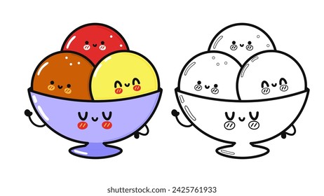 Funny cute happy Ice cream characters bundle set. Vector hand drawn cartoon kawaii character illustration icon. Cute Ice cream. Outline cartoon illustration coloring book