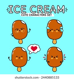 Funny cute happy Ice cream sundae characters bundle set. Vector hand drawn doodle style cartoon character illustration. Isolated on blue background. Ice cream sundae mascot character collection