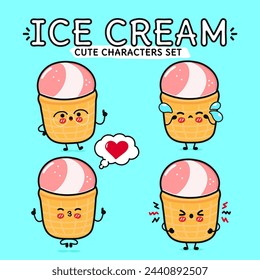 Funny cute happy Ice cream characters bundle set. Vector hand drawn doodle style cartoon character illustration. Isolated on blue background. Ice cream sundae mascot character collection