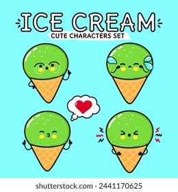 Funny cute happy Ice cream characters bundle set. Vector hand drawn doodle style cartoon character illustration. Isolated on blue background. Ice cream sundae mascot character collection