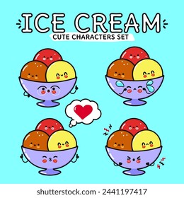 Funny cute happy Ice cream characters bundle set. Vector hand drawn doodle style cartoon character illustration. Isolated on blue background. Ice cream sundae mascot character collection