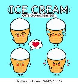 Funny cute happy Ice cream characters bundle set. Vector hand drawn doodle style character illustration icon design. Isolated blue background. Cute Ice cream mascot character collection
