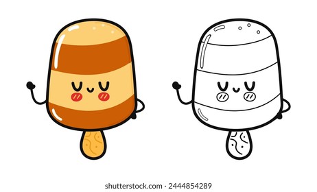 Funny cute happy Ice cream characters bundle set. Vector hand drawn cartoon kawaii character illustration icon. Cute Ice cream. Outline cartoon illustration for coloring book