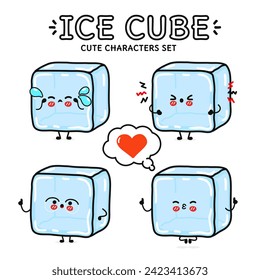 Funny cute happy Ice cube characters bundle set. Vector hand drawn doodle style cartoon character illustration icon design. Isolated white background. Cute Ice cube mascot collection