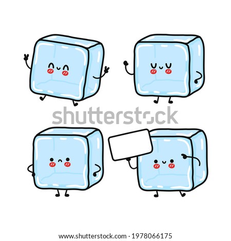 Funny cute happy ice cube characters bundle set.Vector kawaii line cartoon style illustration.Cute cartoon kawaii adorable purity ice cube mascot,kids,child,baby face funny character set collection