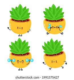 Funny cute happy indoor plant characters bundle set. Vector kawaii line cartoon style illustration. Cute indoor plant mascot character collection
