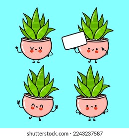 Funny lindo y feliz conjunto de personajes de planta interior. Diseño de iconos de ilustración de caricaturas con estilo de doodle dibujado a mano por vectores. Fondo azul aislado. Colección de caracteres de mascota de planta cubierta