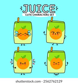 Funny cute happy Juice characters bundle set. Vector hand drawn doodle style cartoon character illustration. Isolated on blue background. Orange juice mascot character collection