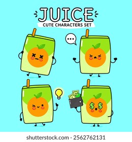 Funny cute happy Juice characters bundle set. Vector hand drawn doodle style cartoon character illustration. Isolated on blue background. Orange juice mascot character collection