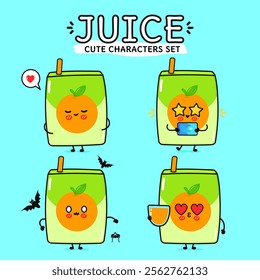 Funny cute happy Juice characters bundle set. Vector hand drawn doodle style cartoon character illustration. Isolated on blue background. Orange juice mascot character collection