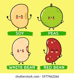 Funny cute happy legumes characters bundle set. Vector kawaii line cartoon style illustration. Cute legumes mascot character collection