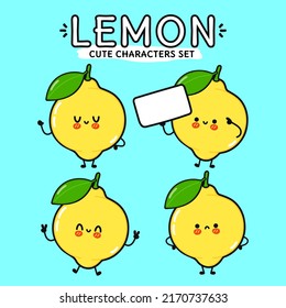 Funny cute happy lemon characters bundle set. Vector hand drawn doodle style cartoon character illustration icon design. Isolated on blue background. Cute lemon mascot character collection
