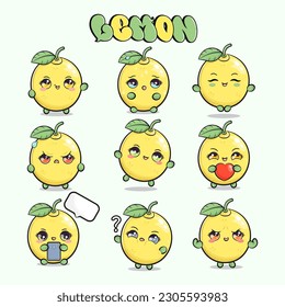 Funny cute happy lemon characters bundle set. Vector hand drawn doodle style cartoon character illustration icon design. Isolated on green background. Cute lemon mascot character collection