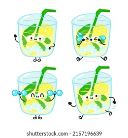 Funny cute happy lemonade characters bundle set. Vector hand drawn doodle style cartoon character illustration icon design. Cute happy lemonade mascot character collection