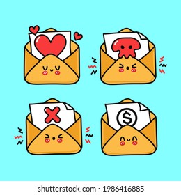 Funny cute happy letter characters bundle set. Vector kawaii line cartoon style illustration. Cute letter mascot character collection