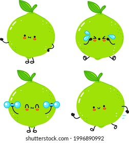 Funny cute happy lime characters bundle set. Vector kawaii line cartoon style illustration. Cute lime mascot character collection