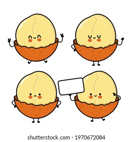 Funny cute happy Macadamia characters bundle set. Vector kawaii line cartoon style illustration. Cute Macadamia mascot character collection